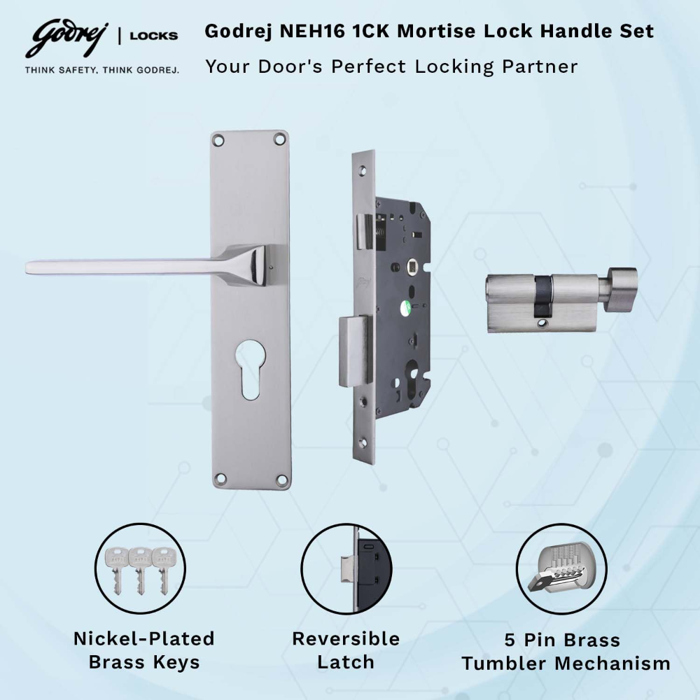 Godrej Mortise Door Lock Handle Set | 200mm NEH-16 1CK Europrofile | 5 Pin Brass Tumbler Mechanism 60mm | Suitable for Left & Right Handed Doors | Satin Steel Finish| Silver | 5 Years Warranty